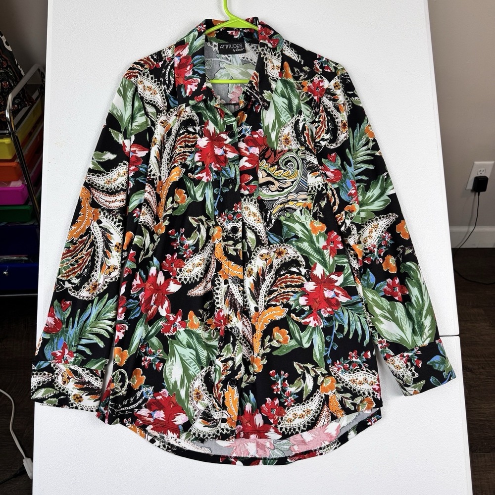 Attitudes by Renee Womens Petite Medium PM Tropical Paisley Button Front Shirt